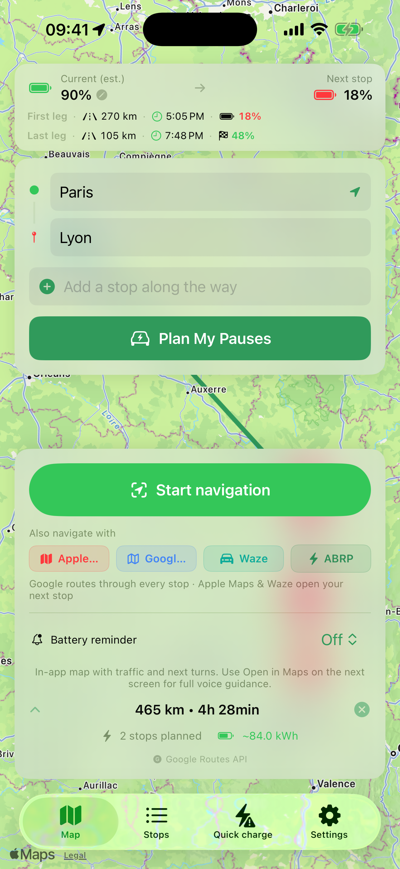 Drive Charge Eat route map with charging stops and food