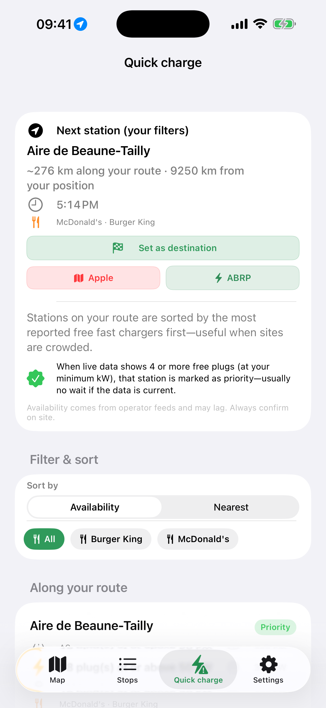 Quick Charge list of nearby fast chargers ranked by power