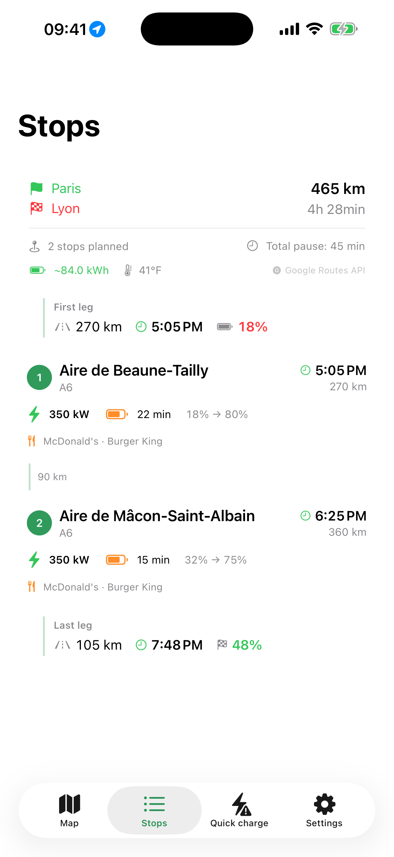 Planned charging stops with power, food, and arrival battery
